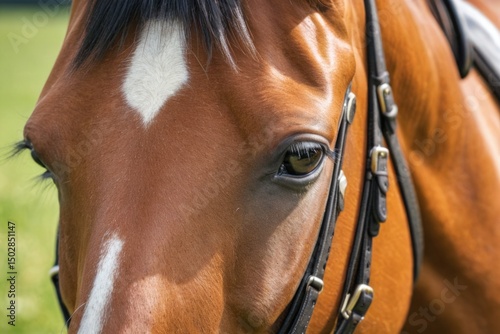 A close-up view of a brown horse with a distinctive white spot on its forehead