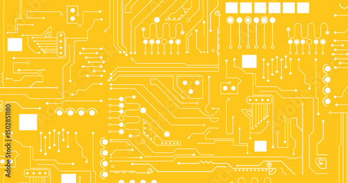 Printed circuit board yellow and white computer technology seamless pattern, vector stock illustration