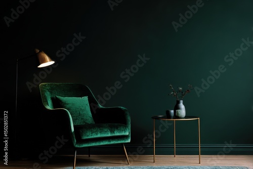 Emerald green velvet armchair and side table in a dark room.