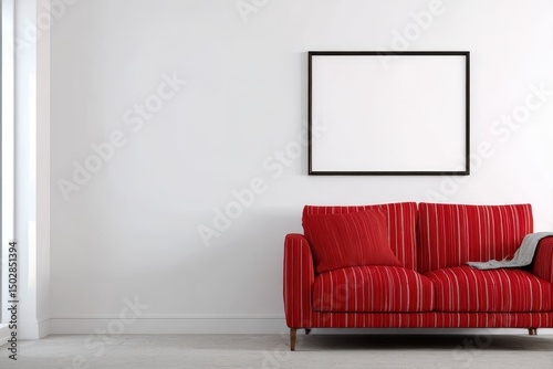Red striped sofa in a modern living room.