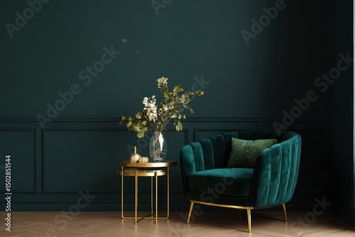 Deep teal living room with a gold accent chair and side table.