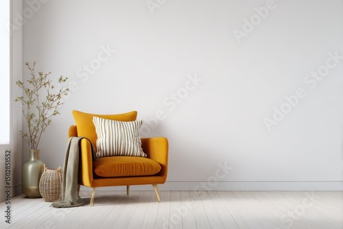 Mustard-colored armchair in a minimalist living room.