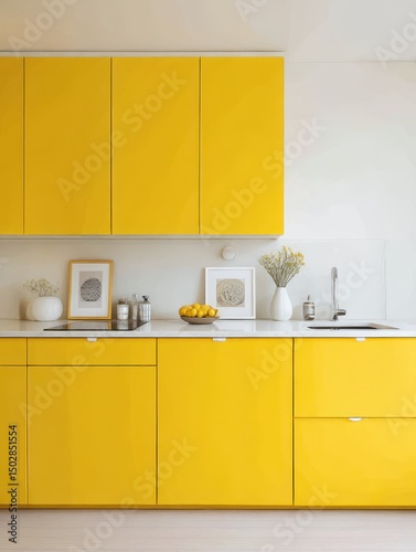 Bright yellow kitchen cabinets with white countertops.