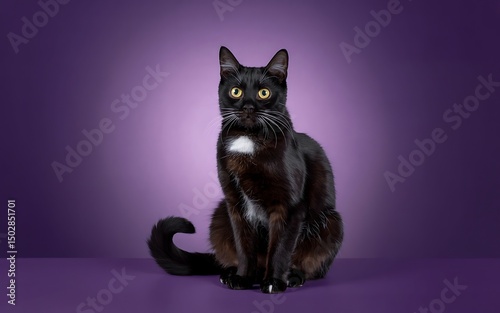 Elegant Black Cat Portrait on a Rich Purple Background with Striking Eyes photo