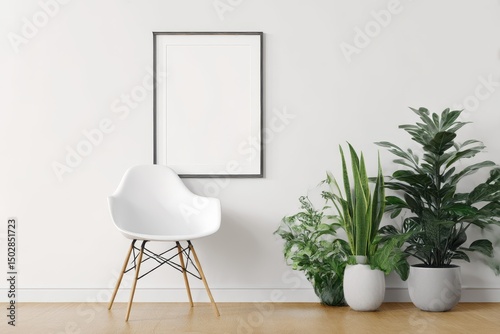 Modern minimalist interior with a white chair and plants.