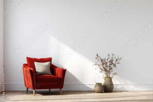 Red velvet armchair in a minimalist room.