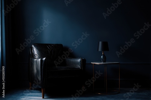 Dark, moody room with leather armchair and side table.