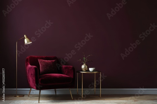 Burgundy velvet armchair in a sophisticated modern room.