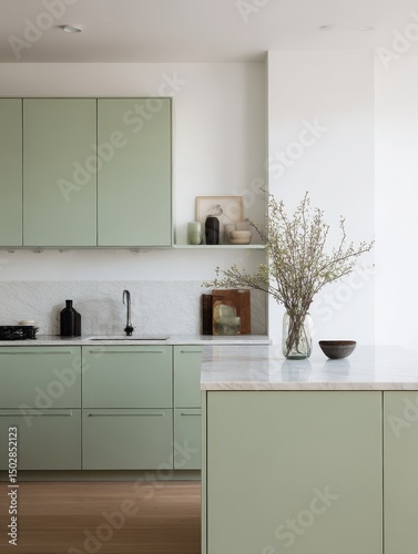 A modern kitchen featuring sage green cabinetry and a marble countertop.