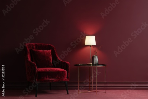 Red velvet armchair and side table in a burgundy room.