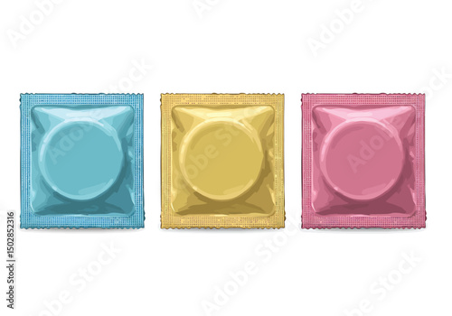 Vector illustration of three condom packs aligned in a row with equal spacing, sealed in aluminium foil, clean style, white background