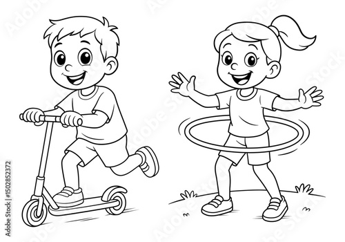 Vector illustration set of kids playing with scooter and hula hoop