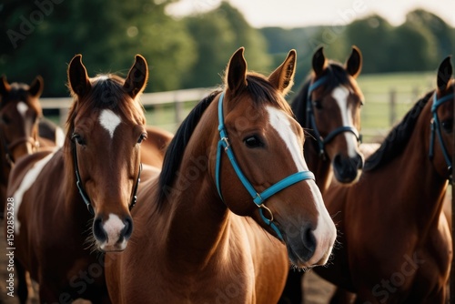 Group of brown horses standing side by side, likely in a pasture or field