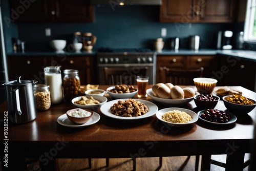 A wooden table set with various dishes and plates of food