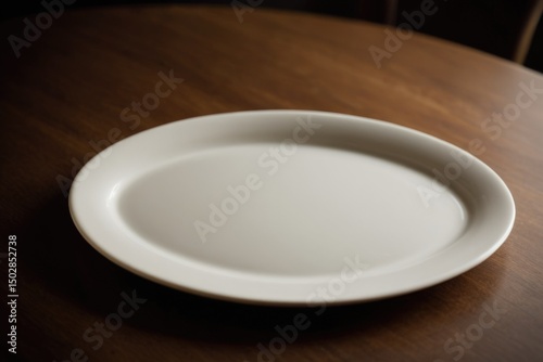A simple still life image featuring a white plate on a wooden table