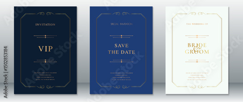 Luxury wedding invitation templates in navy blue, royal blue, and cream with elegant golden frames. Perfect for VIP cards, save the date designs, and formal wedding announcements.