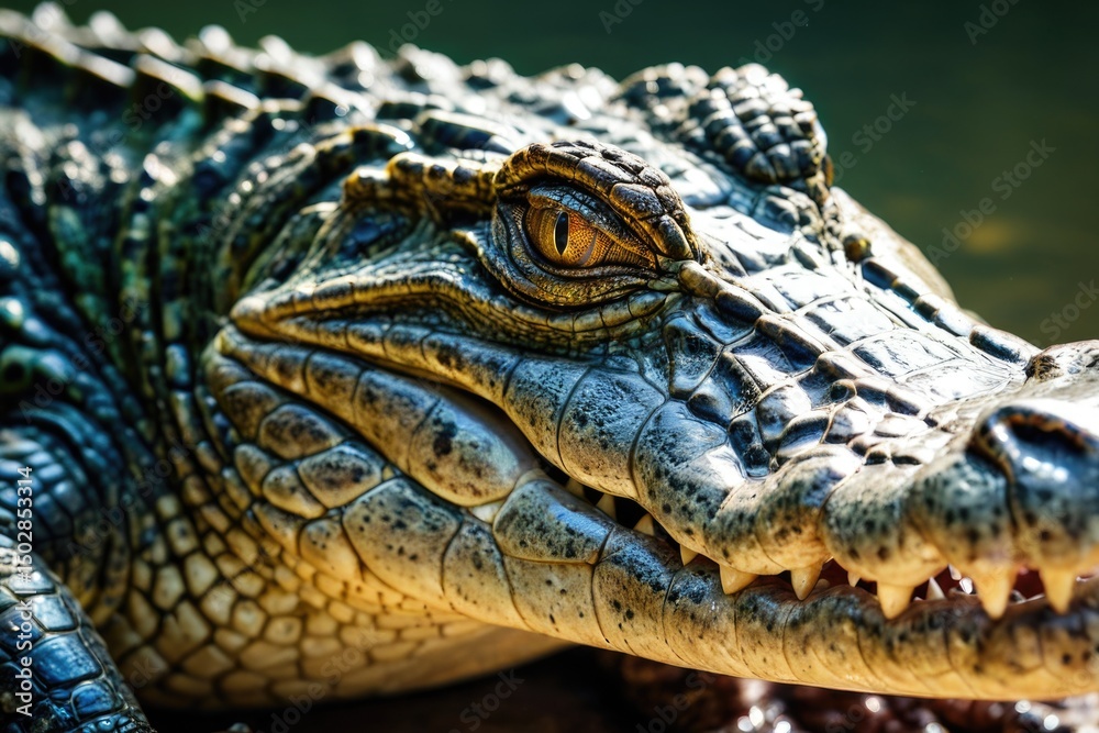 Obraz premium A close-up view of an alligator's head with its eyes open, suitable for wildlife or nature-themed projects