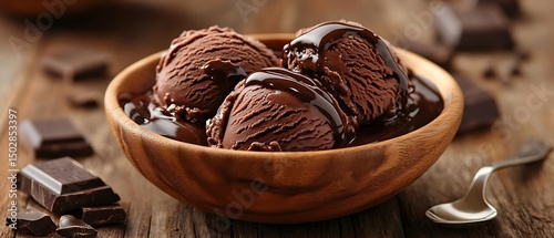 Chocolate ice cream dessert, wood bowl, chocolate chunks