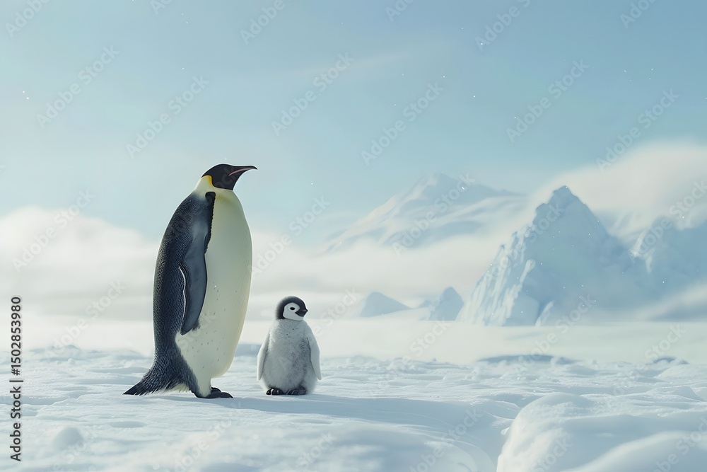 Obraz premium Emperor Penguin and Chick Standing in Snowy Wilderness 