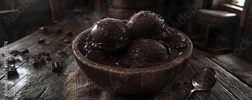 Dark chocolate ice cream bowl, rustic setting