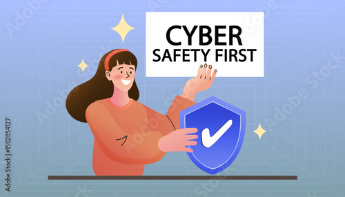 Consults computer security infographic . woman consults with a computer. IT technology, safe network connection control. Firewall software, password identification and privacy web template.  vector