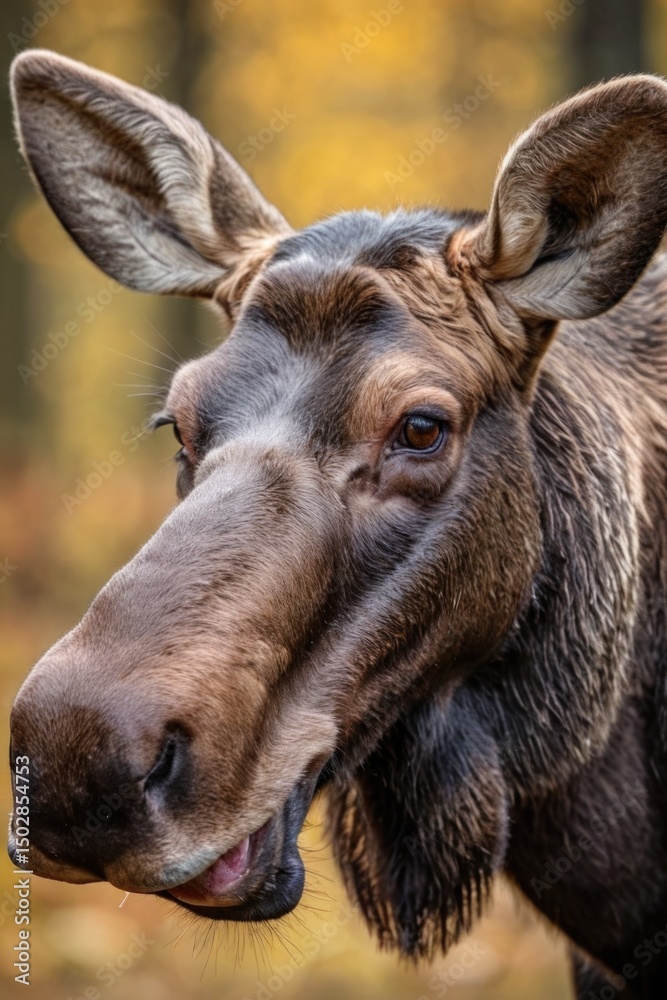 A close-up shot of a moose's face surrounded by trees, ideal for use in wildlife or nature-themed projects A close-up shot of a moose's face surrounded by trees, ideal for use in wildlife or nature-themed projects