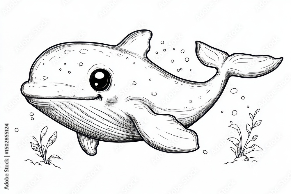 Fototapeta premium Adorable Cartoon Whale Illustration Line Art Drawing of a Cute Whale