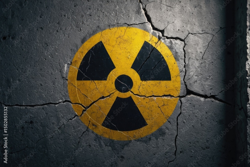 Fototapeta premium Warning sign with radioactive symbol on a worn-out concrete wall, ideal for use in industrial or post-apocalyptic settings