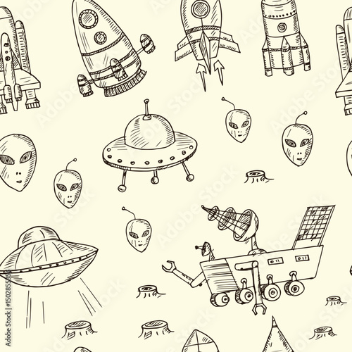 Spacecraft hand drawn doodle seamless pattern. Isolated elements on white background. Symbol collection.