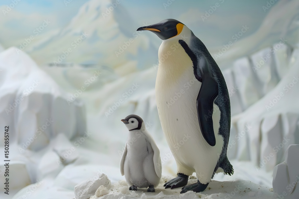 Fototapeta premium Emperor Penguin and Chick Standing in Snowy Wilderness