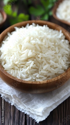 Cooked rice bowl, wooden table, herbs. Food photography