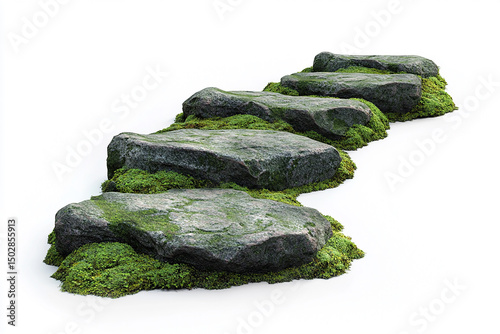 MossCovered Stone Steps on White Background