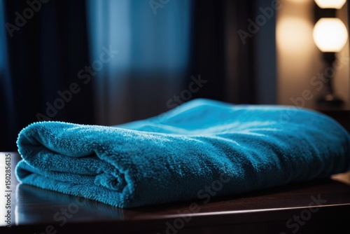A blue towel sitting on top of a wooden table, ready for use