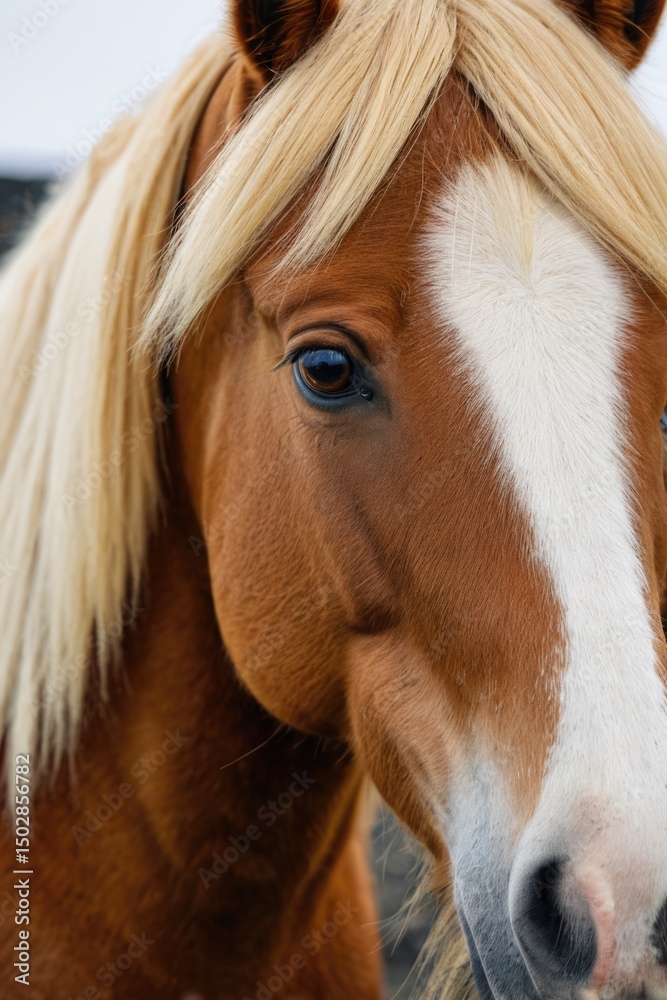Obraz premium A close-up view of a brown and white horse's face, with a gentle expression