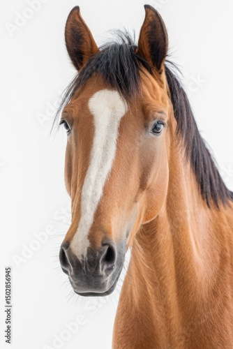 A brown horse with a distinctive white stripe on its face, suitable for equestrian-themed projects or animal-inspired designs