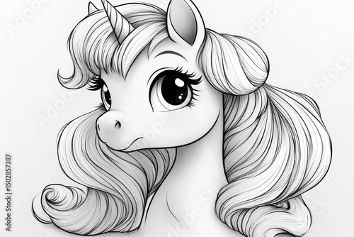 Adorable Unicorn Illustration  A whimsical black and white drawing of a cute unicorn with flowing mane and large eyes, perfect for coloring pages, prints, or children's books.