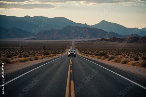 A car drives along the desolate desert road, with nothing but sand and sky in sight