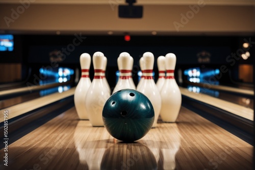 A bowling ball sits atop a bowling alley, ready for play
