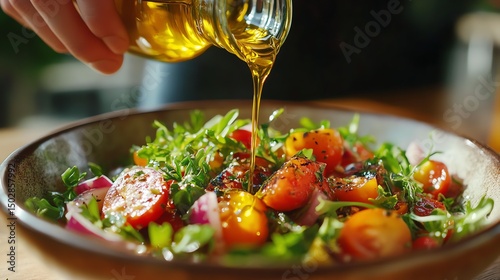 A vibrant salad being drizzled with golden oil, showcasing fresh ingredients and culinary artistry.