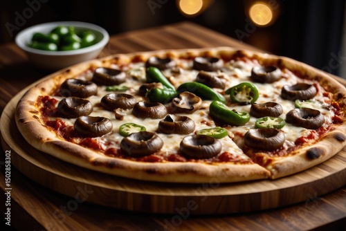 A slice of pizza sitting on a wooden cutting board, ready to be served or devoured