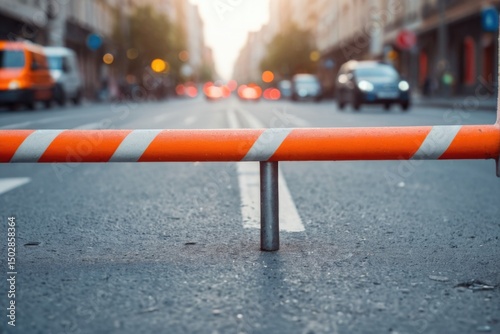 A bright orange and white barricade blocks a city street, restricting access to the area