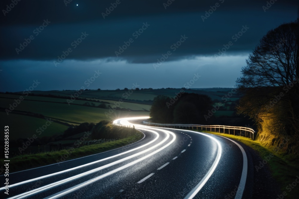 Fototapeta premium Road at night, car lights illuminating the darkness