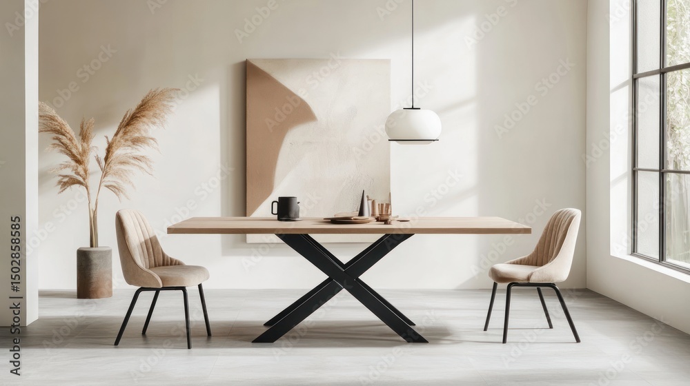 Fototapeta premium Light-filled dining area with a modern wooden table and beige chairs.