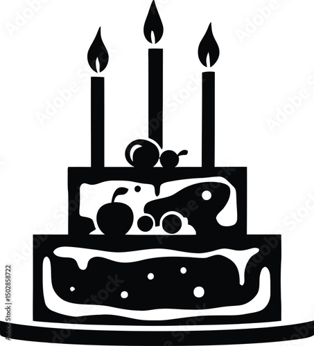 Black and white vector illustration of a two-tiered birthday cake with three lit candles, decorated with fruit toppings, icing details, and placed on a serving plate, symbolizing celebrations, parties