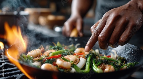 A chef is using an large asian wok to saute vegetables and meat in oil, with flames under the pan