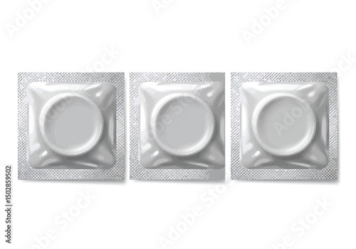 Vector illustration of three condom packs aligned in a row with equal spacing, sealed in aluminium foil, clean style, white background