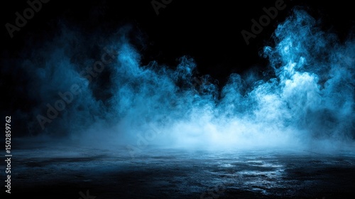 Ultra quality image of portrayal of abstract blue smoke against a dark black background, with a misty blue hue settling on the ground, creating a foggy and atmospheric backdrop.