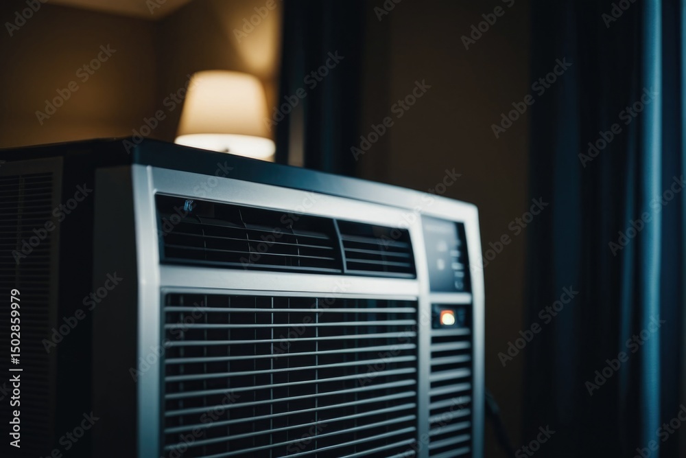 A modern air conditioner sitting next to a window, perfect for interior design and home decor images A modern air conditioner sitting next to a window, perfect for interior design and home decor images