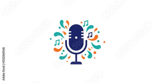 Microphone with musical notes and colorful splashes isolated PNG with Transparent Background