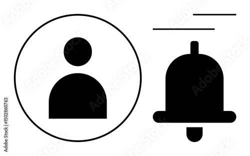 User profile icon beside ringing bell representing alerts, notifications, or updates. Ideal for user settings, reminders, application alerts, communication, account activities, workflow flat simple
